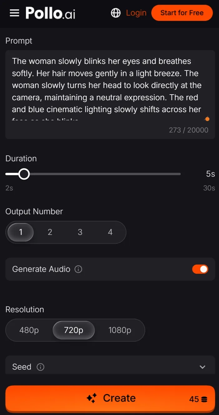 User interface of Pollo.ai with prompt and settings for audio generation.