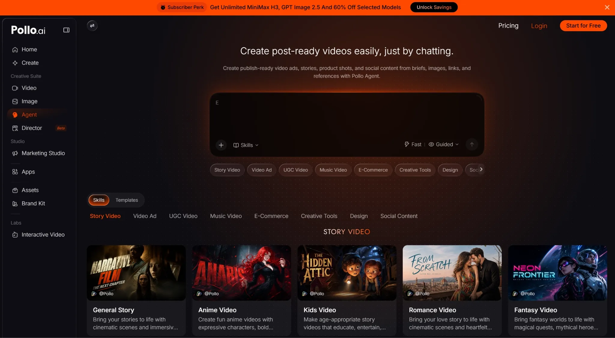 Pollo.ai interface for creating videos with various templates and options.