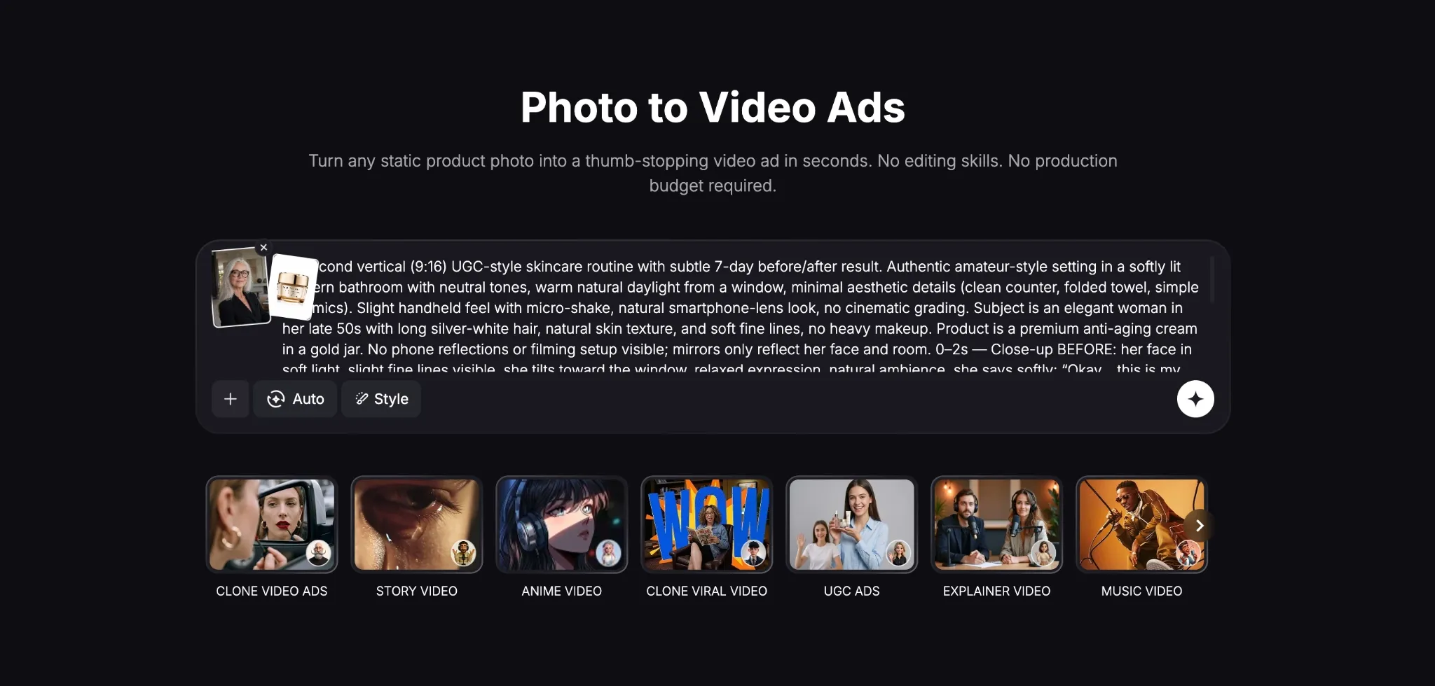 Pollo.ai Photo to Video Ads page showing a skincare video ad prompt