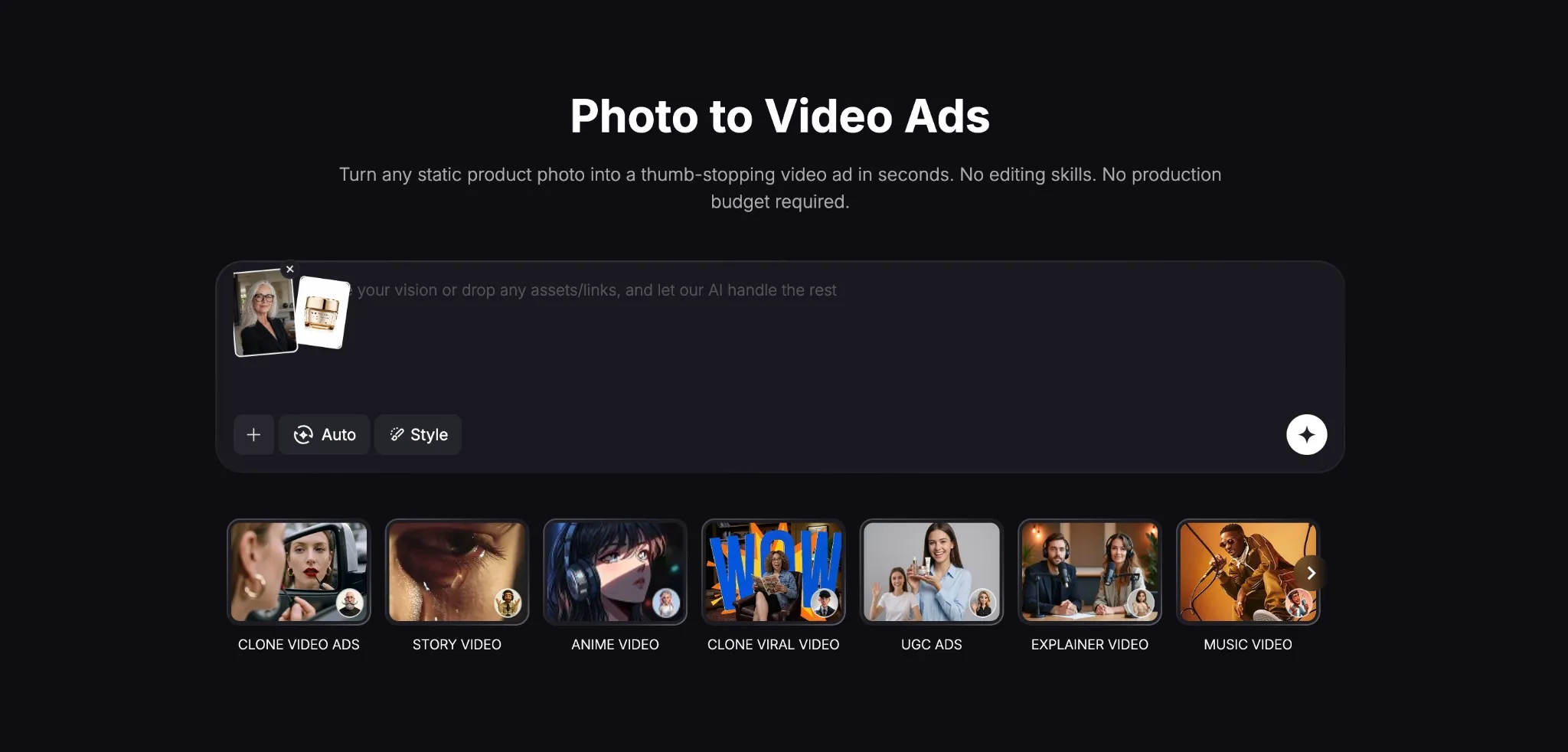 Pollo.ai Photo to Video Ads page with uploaded product and presenter images