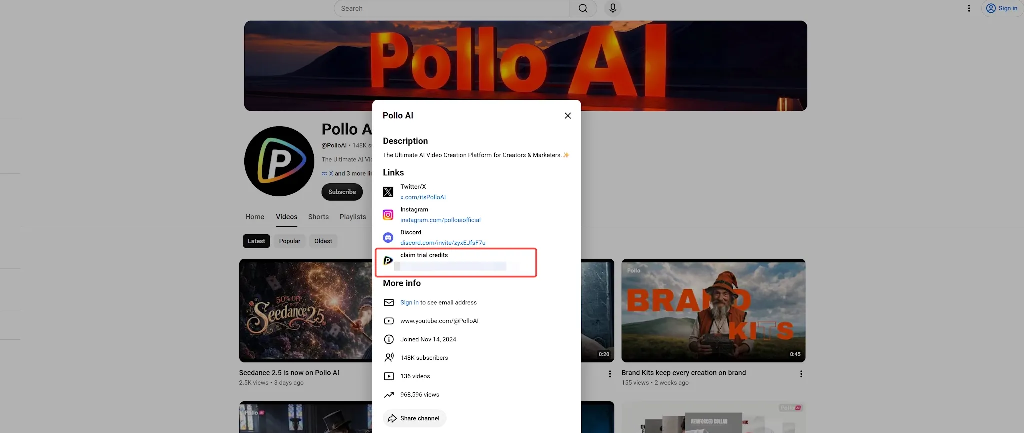 Pollo AI profile with links and description for video creation platform.