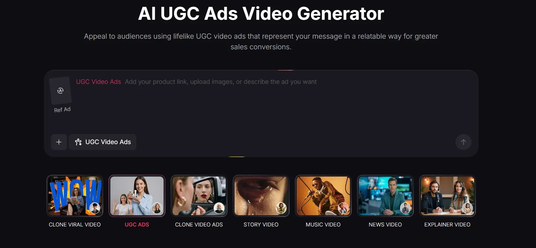 Pollo AI UGC annoncer videogenerator interface til at skabe relaterbare brugergenererede indholdsreklamevideoer