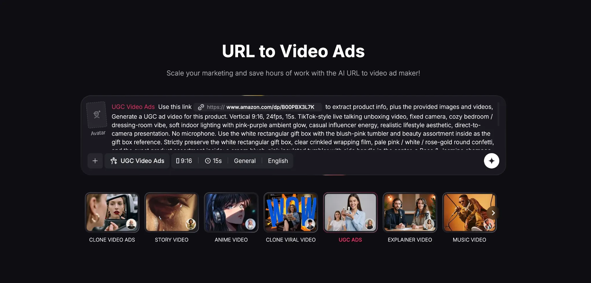 Pollo.ai URL to Video Ads page showing a UGC video ad prompt with format settings