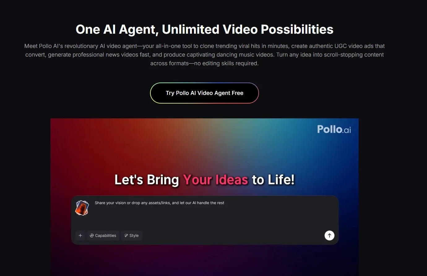 Page d'accueil de Pollo AI montrant l'interface de l'agent vidéo IA avec un bouton d'appel à l'action et une boîte de saisie d'invite créative