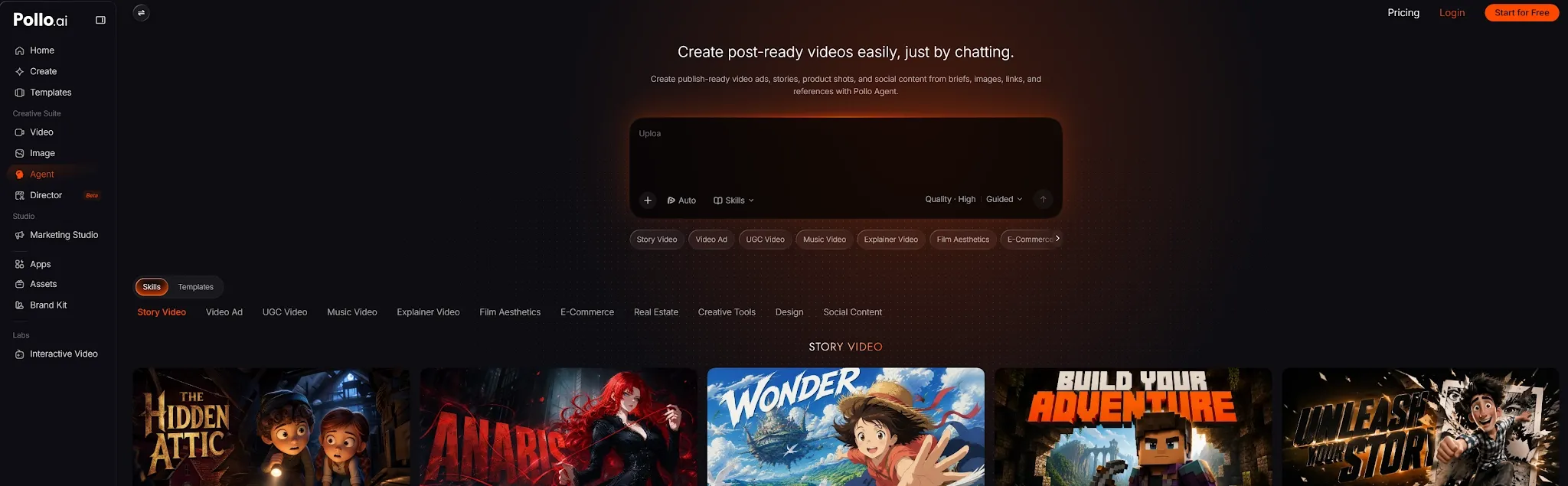 Interfaccia utente per la creazione di contenuti video con le funzionalità di Pollo.ai.