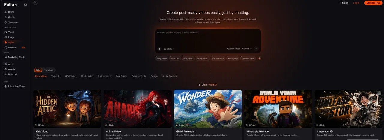 De interface van Pollo.ai voor het maken van animatievideo's en verhaalcontent.