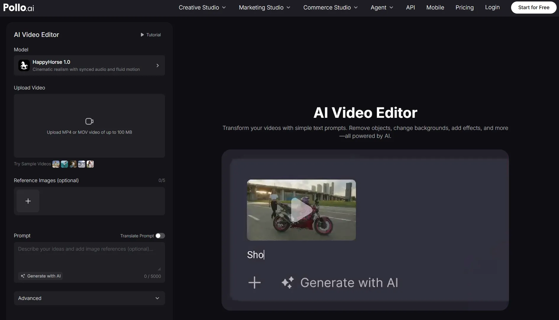 Página del editor de vídeo Pollo AI con controles de carga y aviso