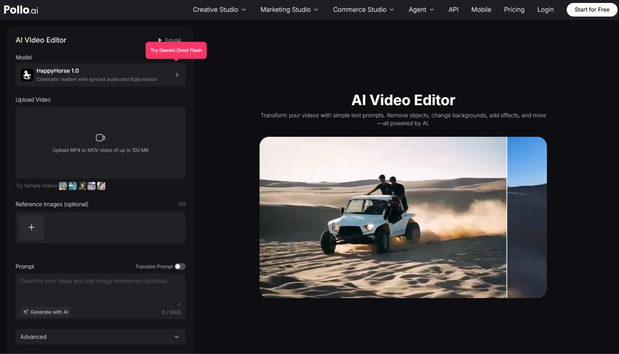Pollo AI video editor interface with an upload panel and a sample desert driving video