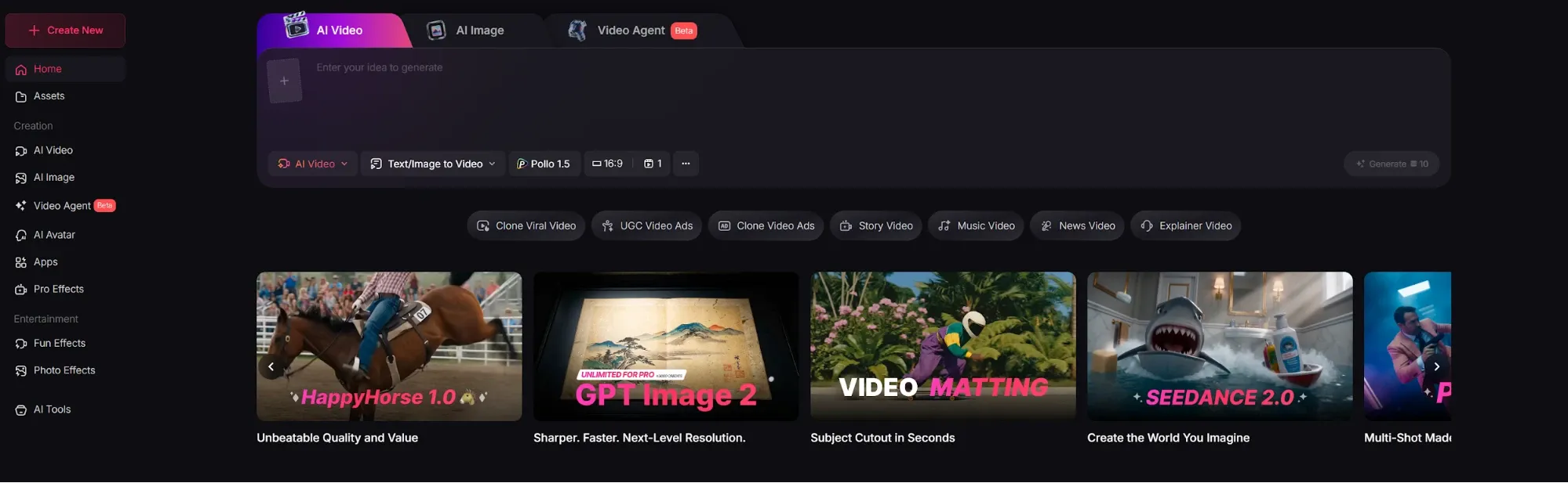 Main interface of Pollo AI video generation with AI Video, AI Image and Video Agent functions displayed