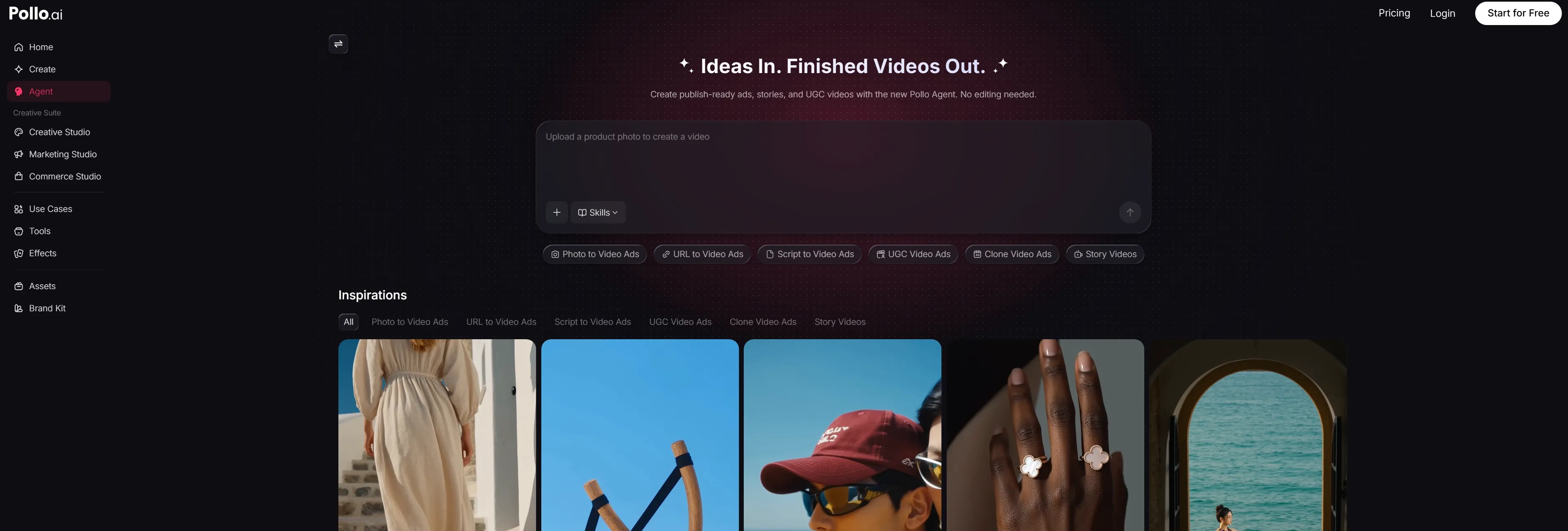 動画作成ツールとインスピレーションを紹介するPollo.aiのユーザーインターフェース。