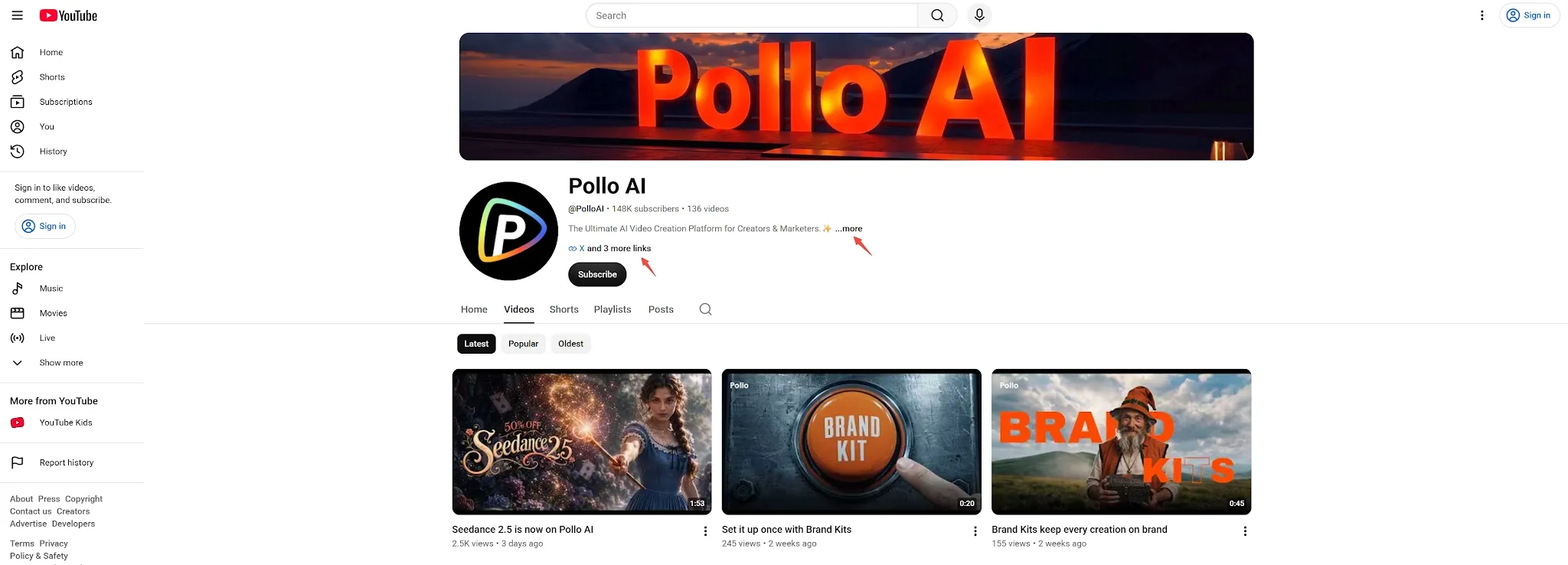 Pollo AI YouTube channel showcasing video creation tools and content.