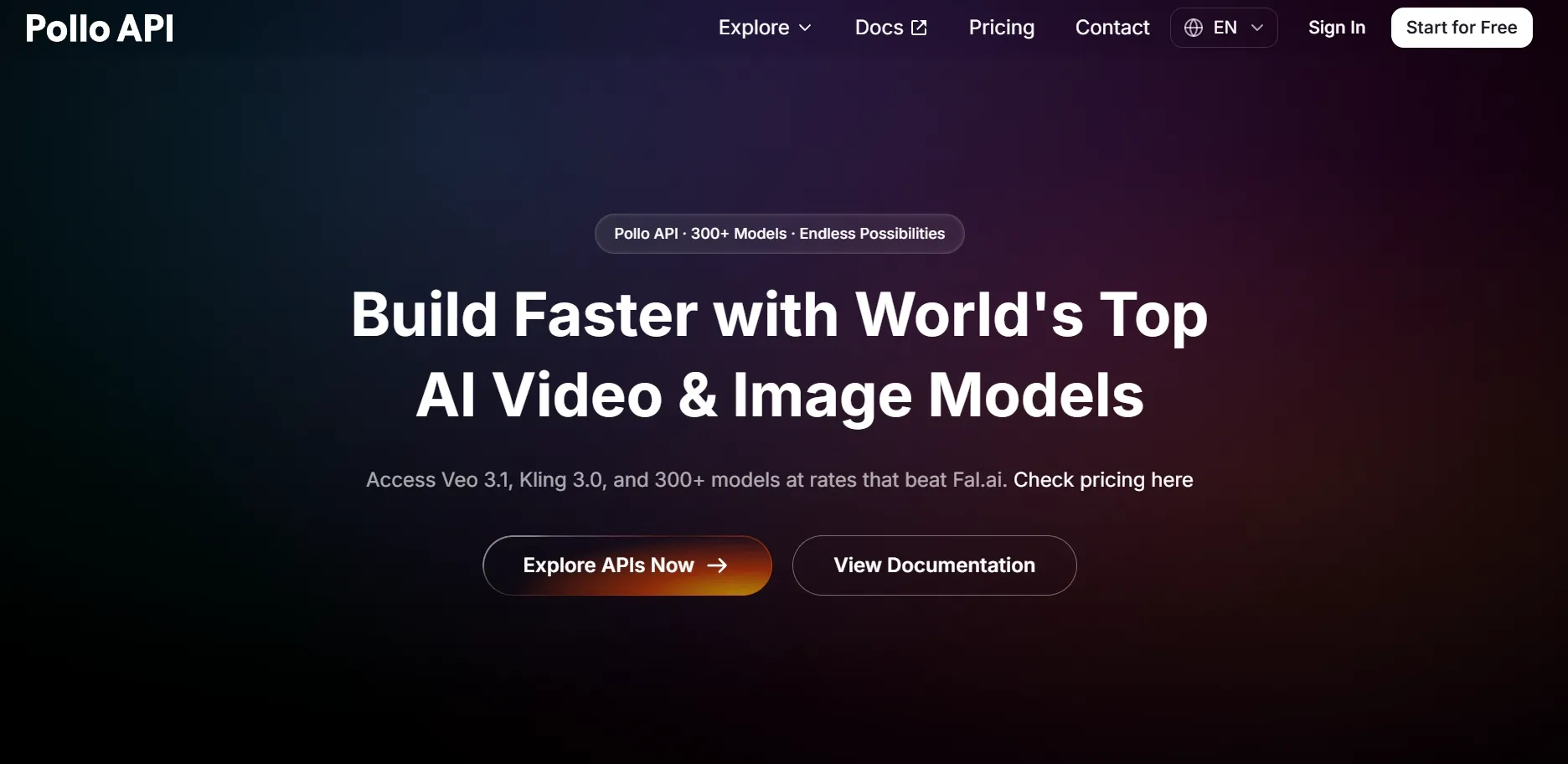 Promotional banner for Pollo API showcasing AI video and image models.