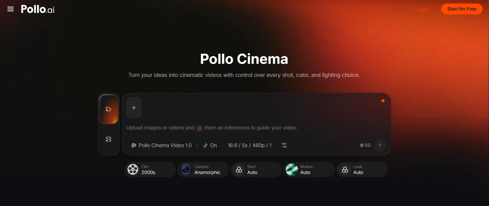 Pollo Cinema interface for creating cinematic videos with various controls.
