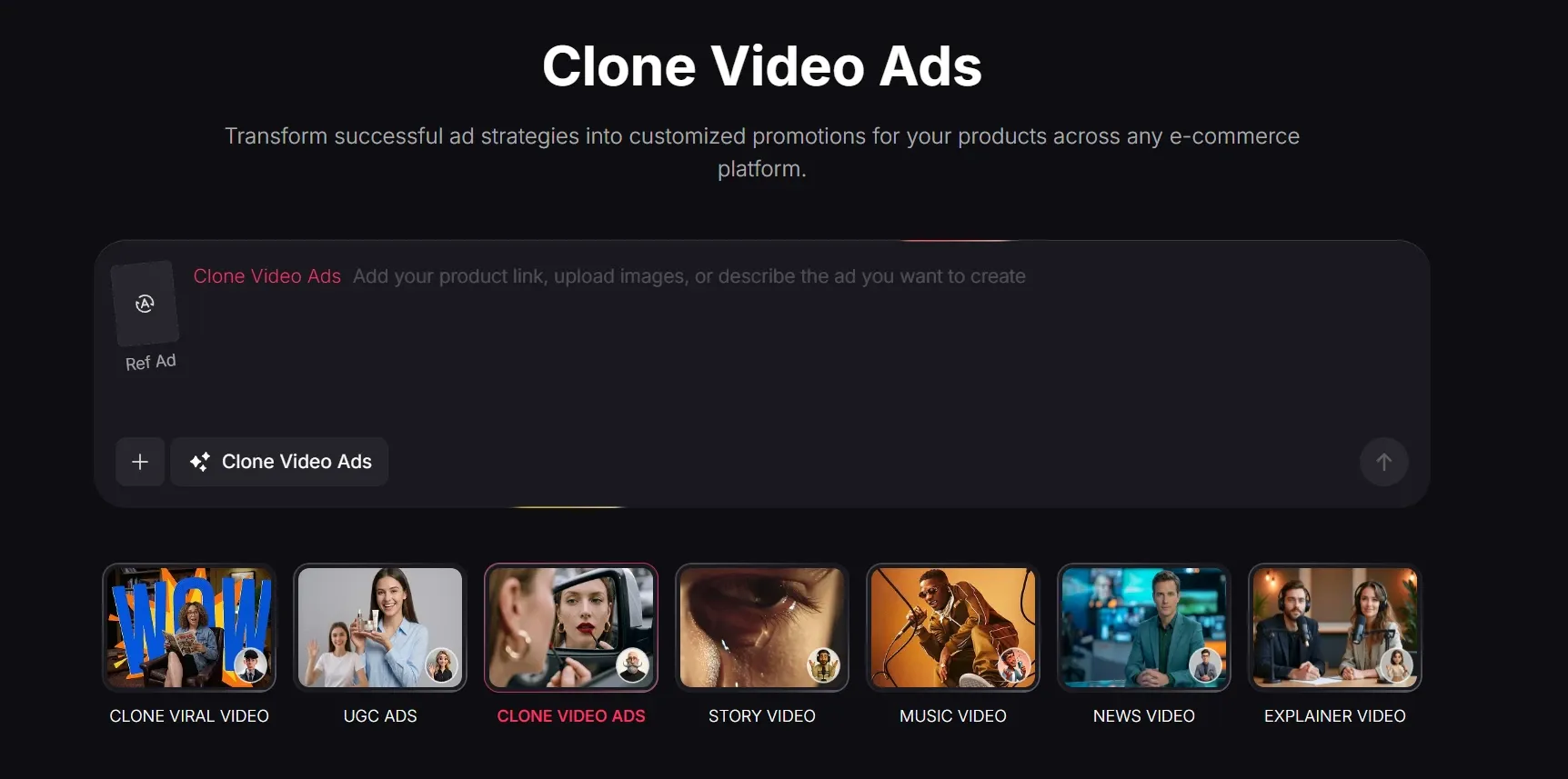 Pollo Clone Video Ads interface for creating customized e‑commerce promotional videos from successful ad strategies