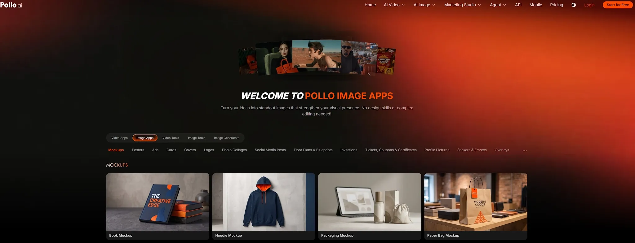 Welcome message and mockup examples on the Pollo.ai image apps page.