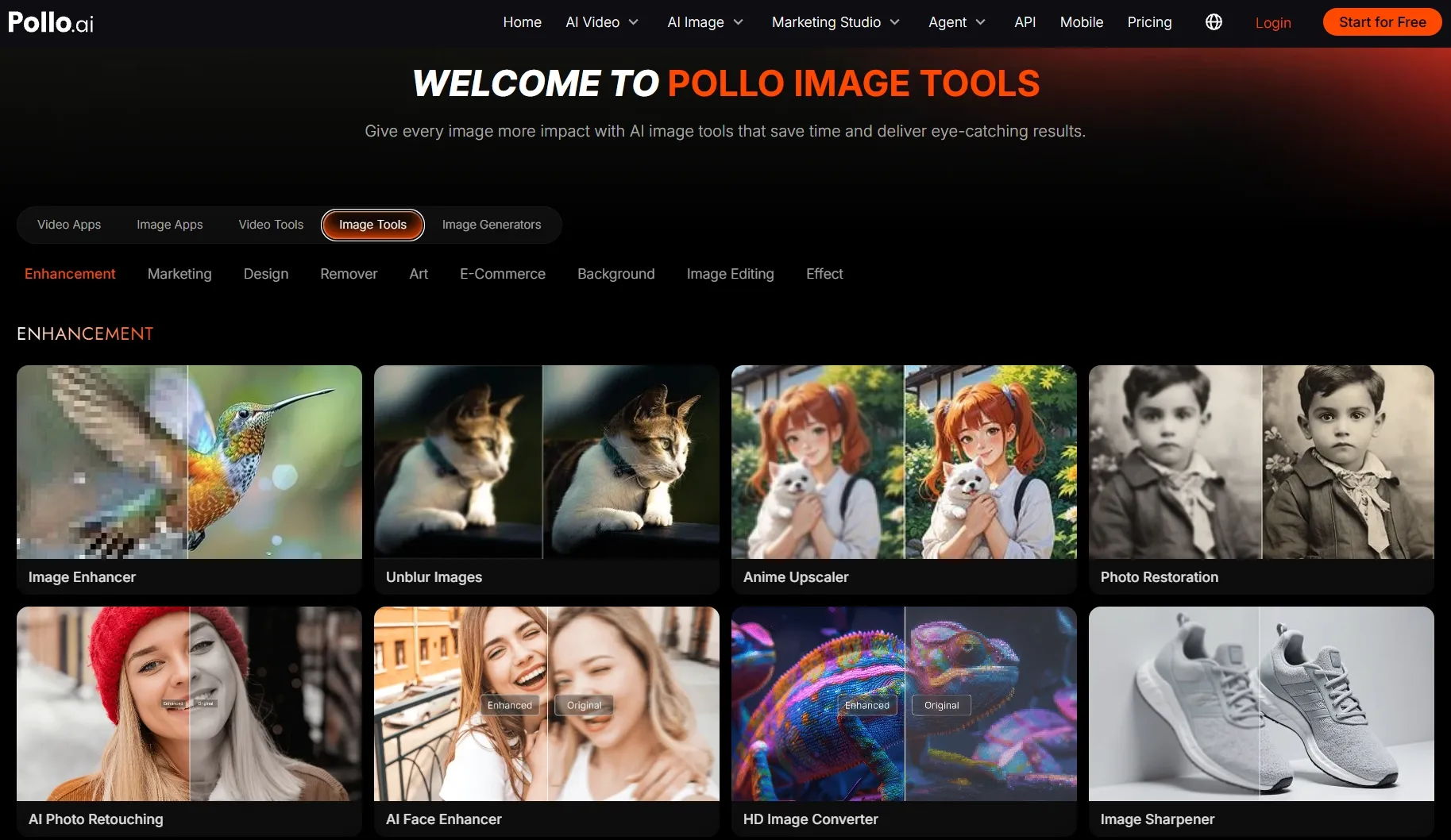 User interface of Pollo AI image enhancement tools with various options.