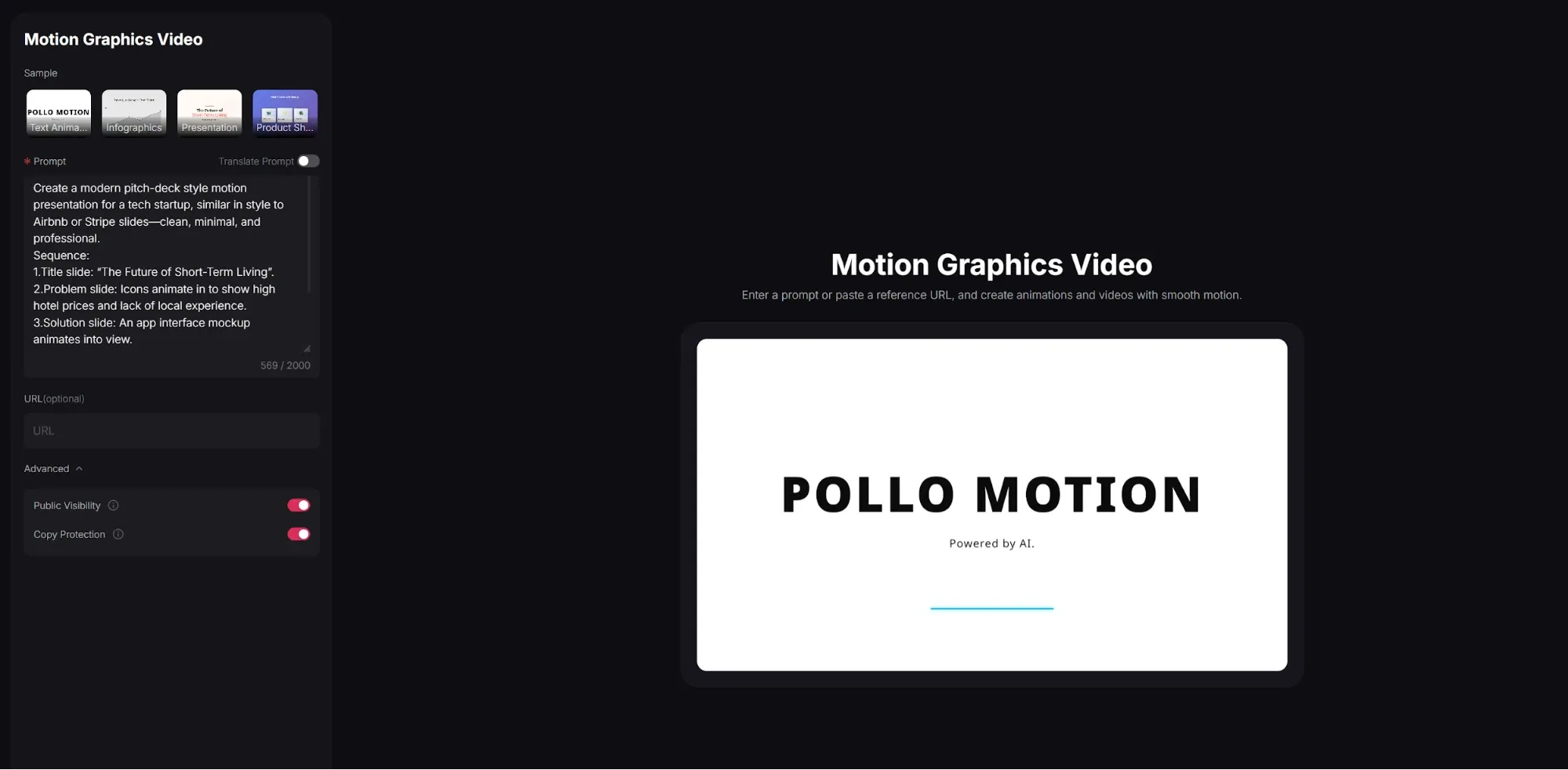 อินเทอร์เฟซโปรแกรมแก้ไขวิดีโอ Pollo Motion Graphic พร้อมช่องป้อนคำสั่งและหน้าต่างแสดงตัวอย่าง