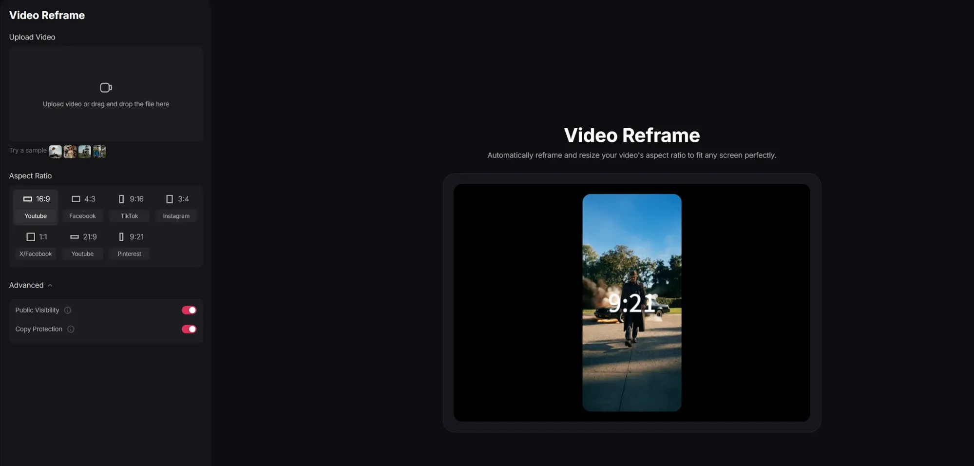 Pollo Video Reframe tool page for auto-resizing video aspect ratios for multiple social platforms