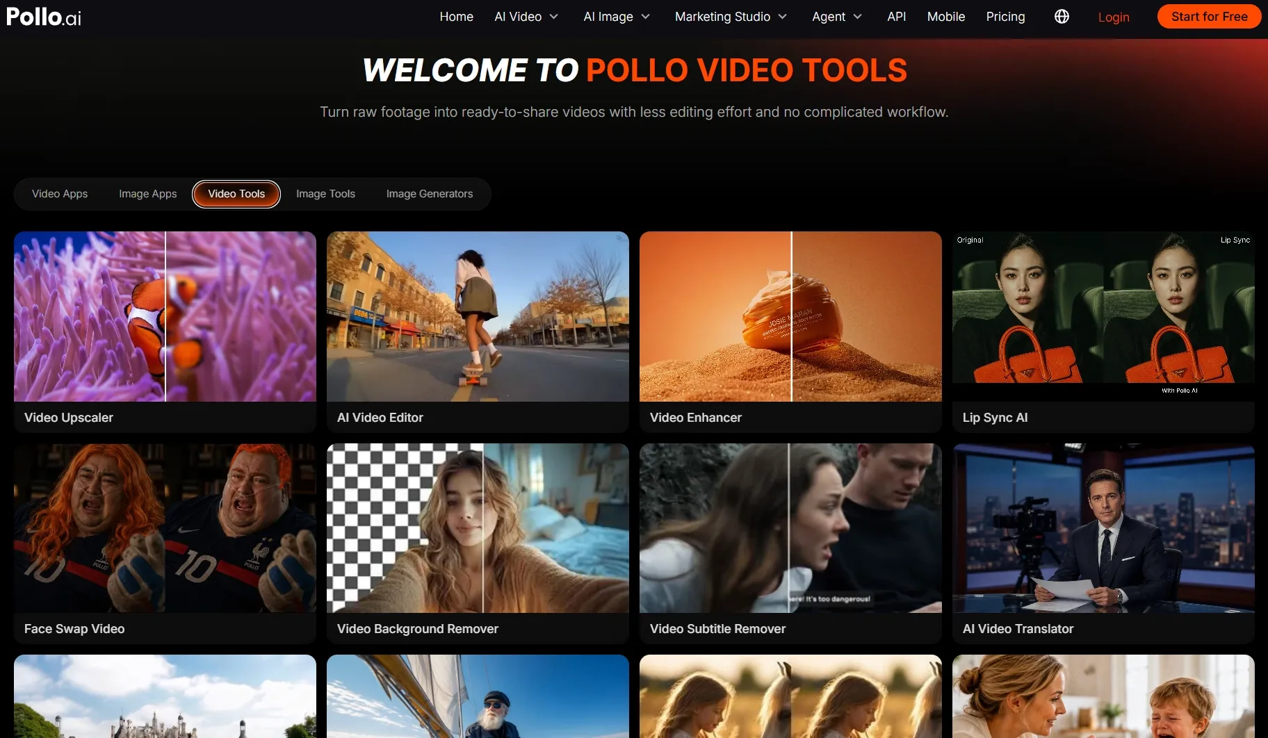 Panoramica di Pollo Video Tools con diverse opzioni di editing video.