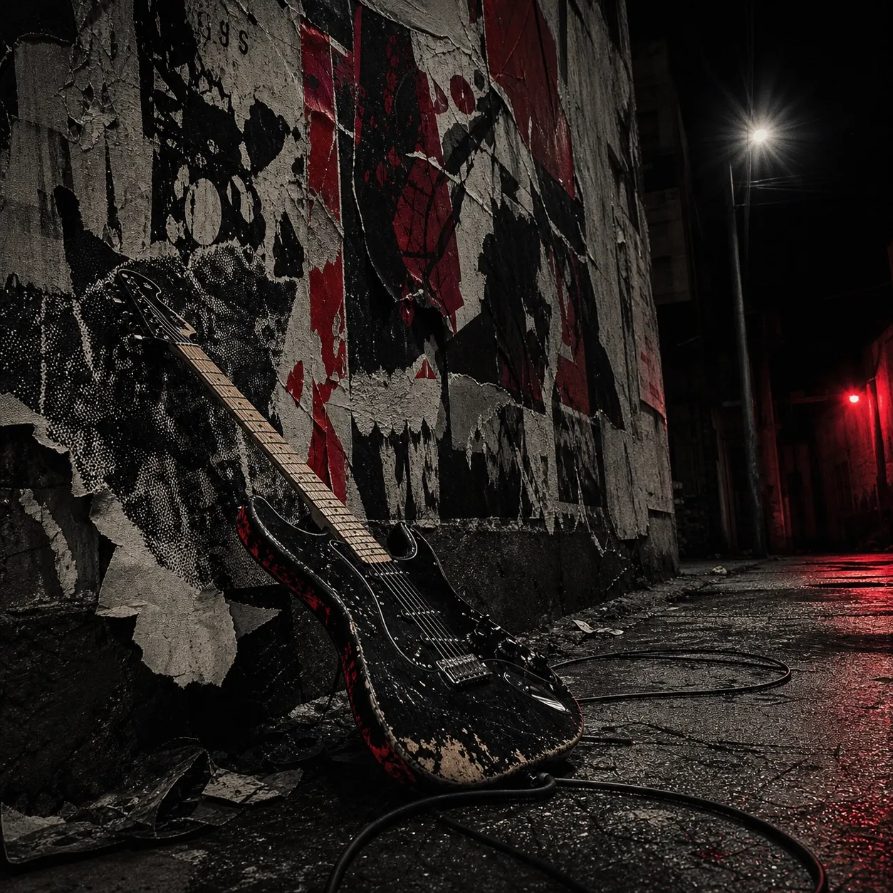 Portada de rock alternativo con guitarra eléctrica, pared rasgada y acento rojo