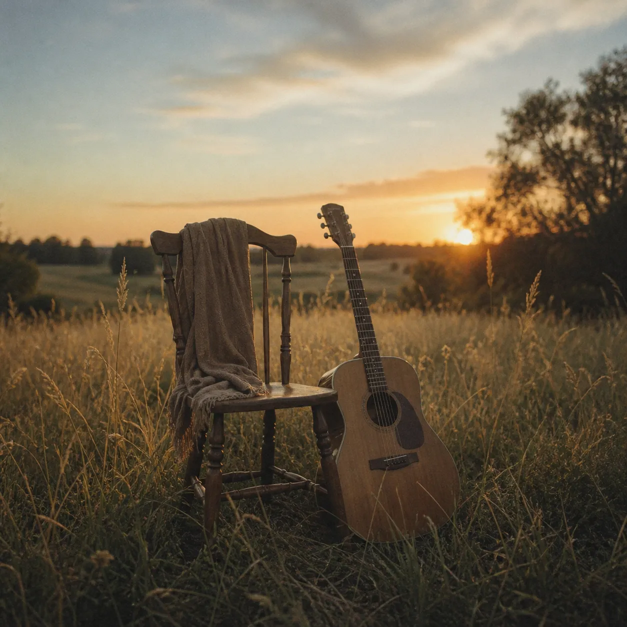 Portada indie folk con guitarra acústica en un campo al atardecer