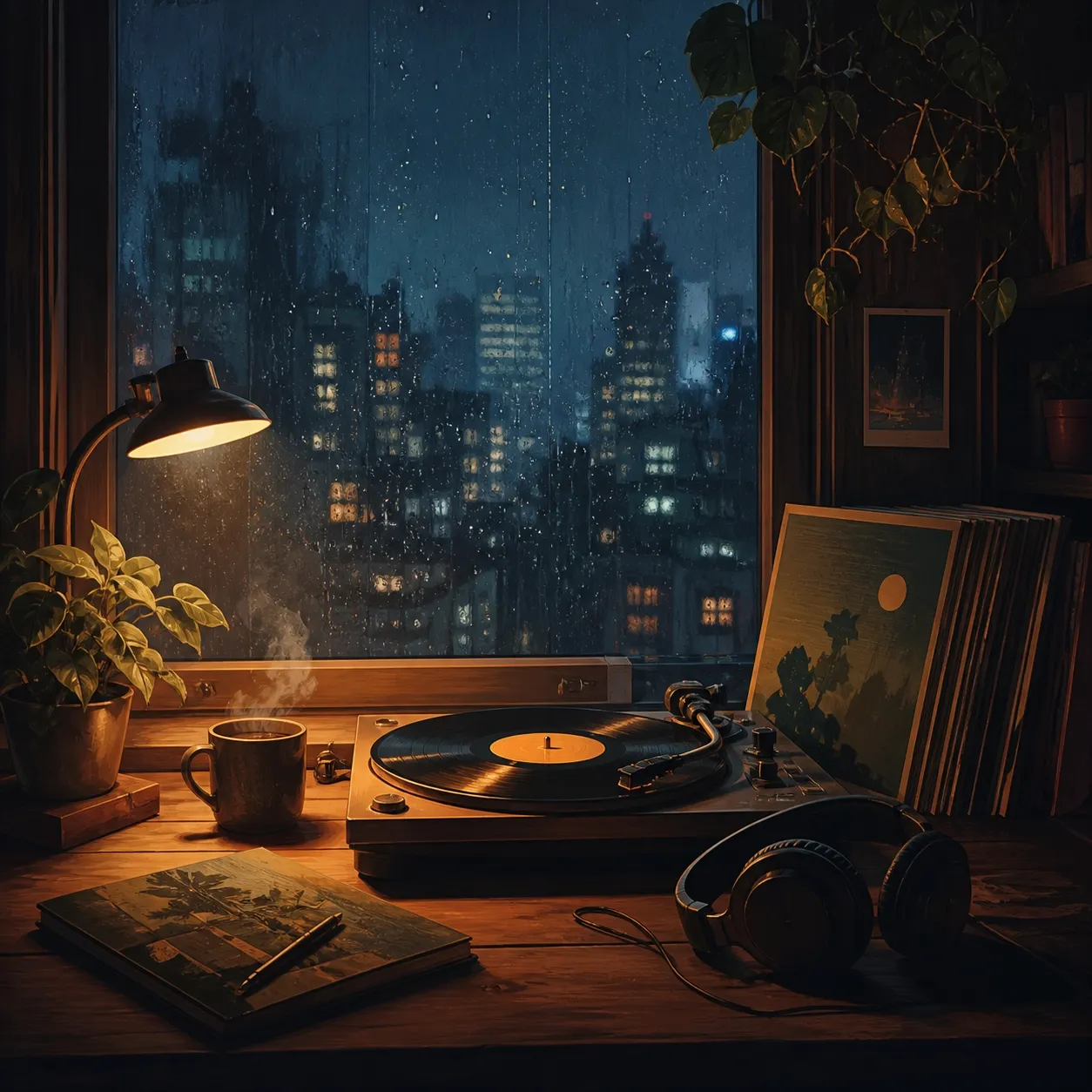 Portada lo-fi con escritorio, ventana lluviosa y luces cálidas para una canción chillhop