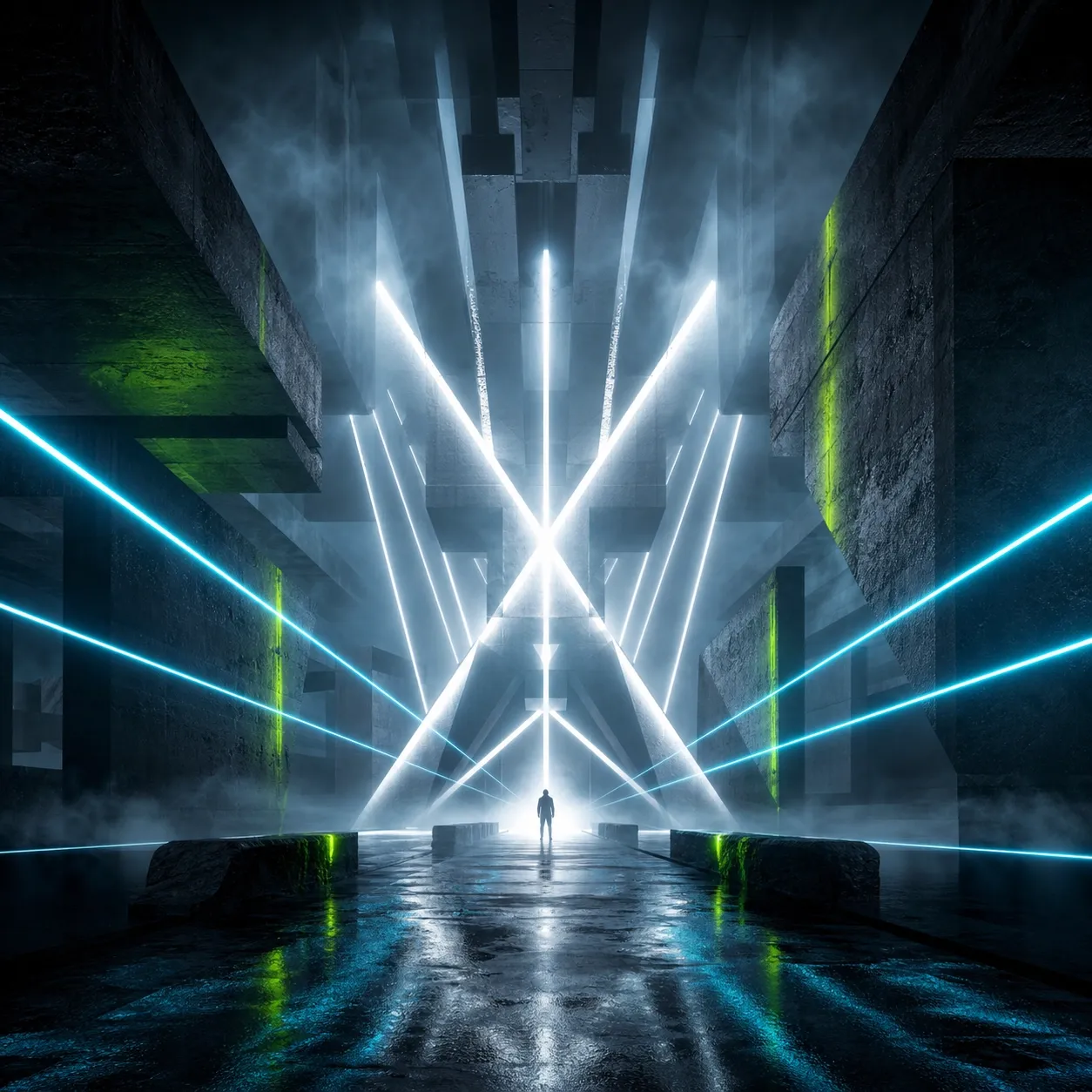 Portada techno con arquitectura brutalista, niebla y luces cian