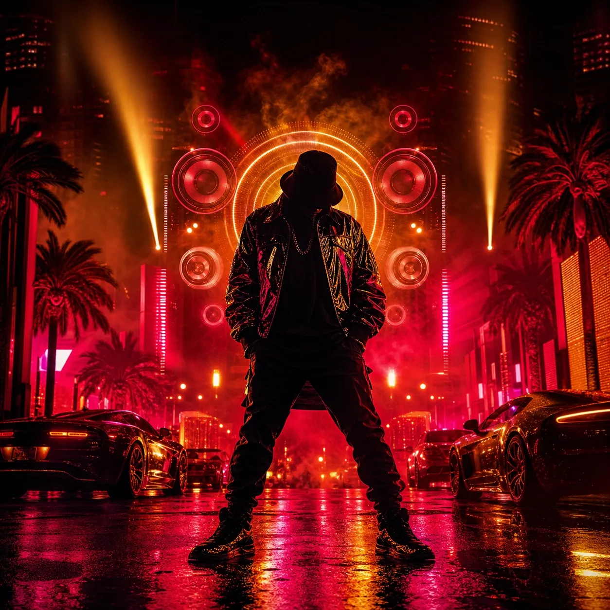 Portada urbana con silueta de artista, luces de neón y calle nocturna