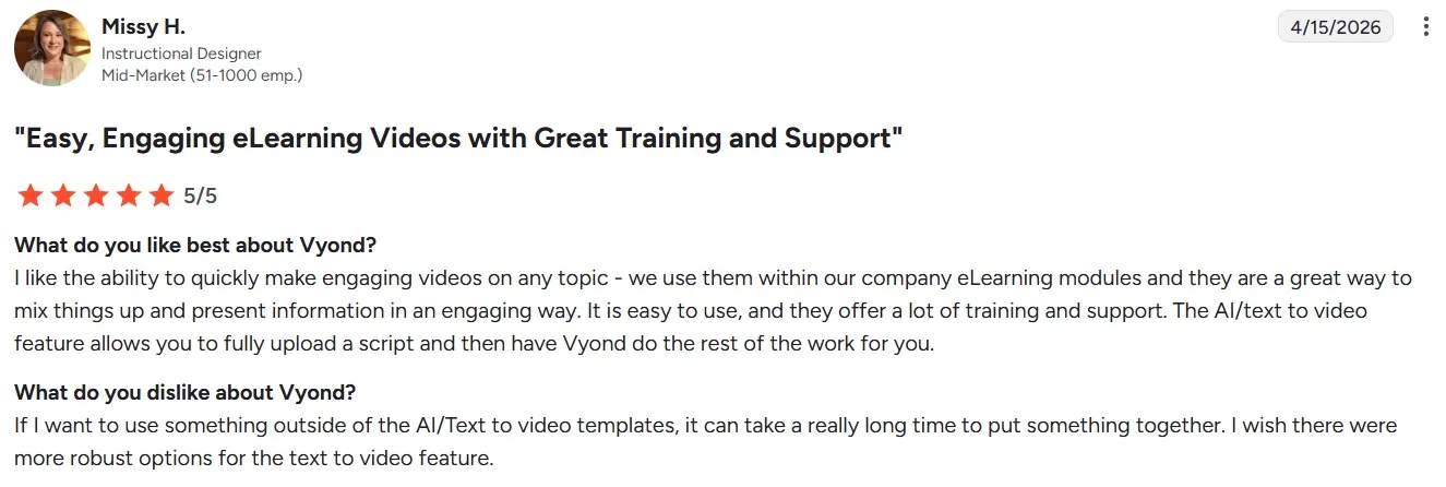 Positive feedback on Vyond