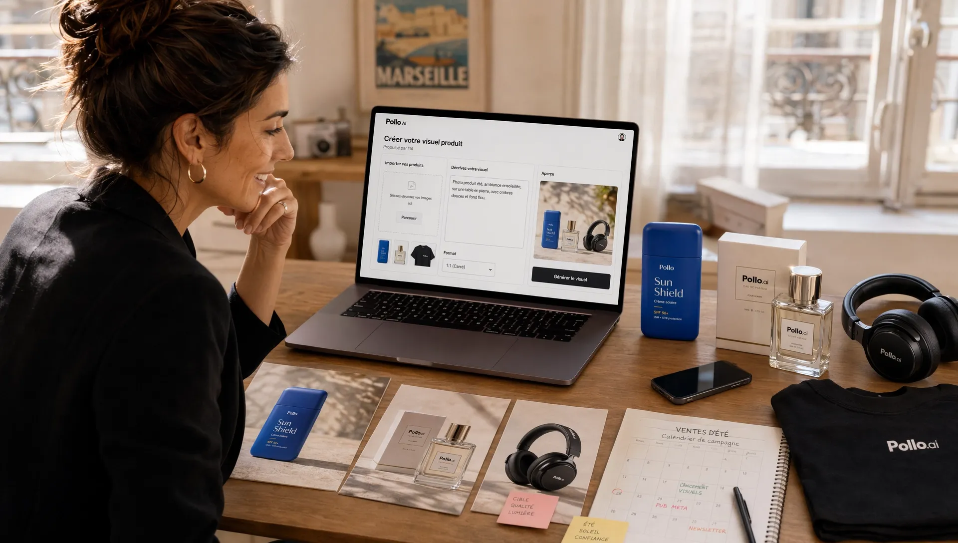 Créatrice préparant des visuels promo pour les soldes avec une interface Pollo AI