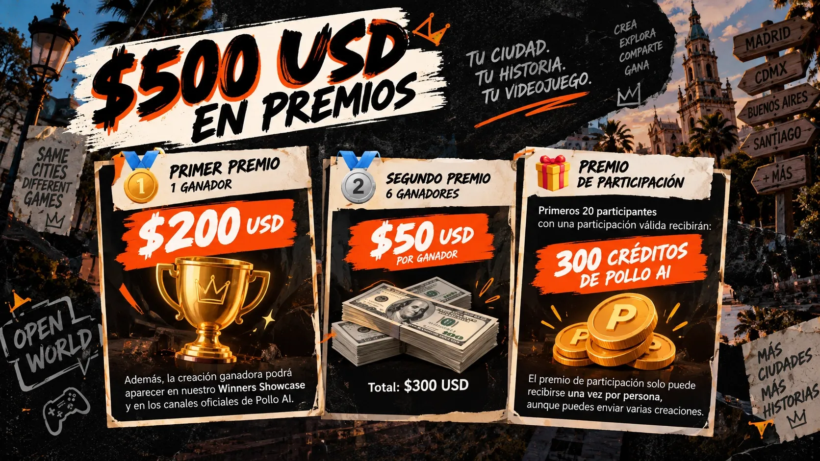 Anuncio de premios en un concurso de videojuegos con detalles de ganadores y recompensas.