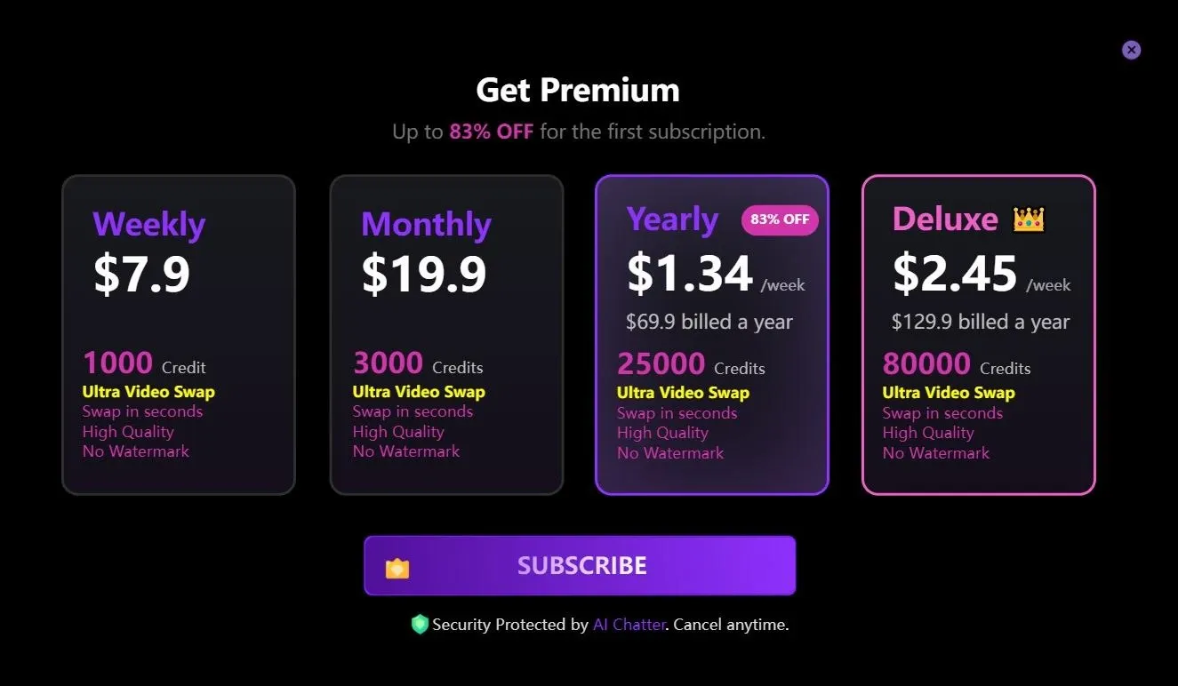 Page de prix de l'abonnement premium JoyFun AI affichant les plans hebdomadaires, mensuels, annuels et deluxe