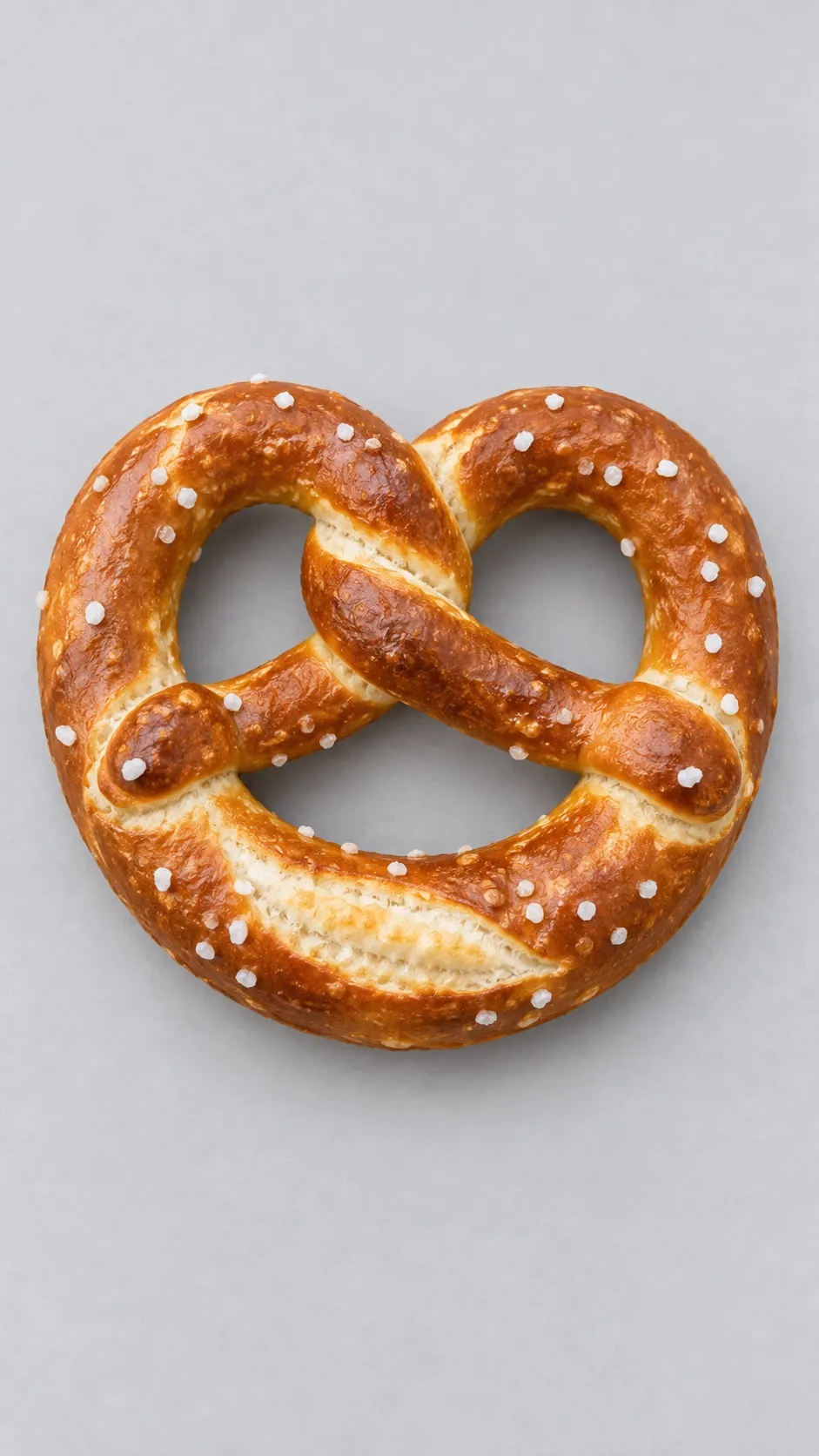 Eine frisch gebackene Brezel mit grobem Salz auf grauem Hintergrund.