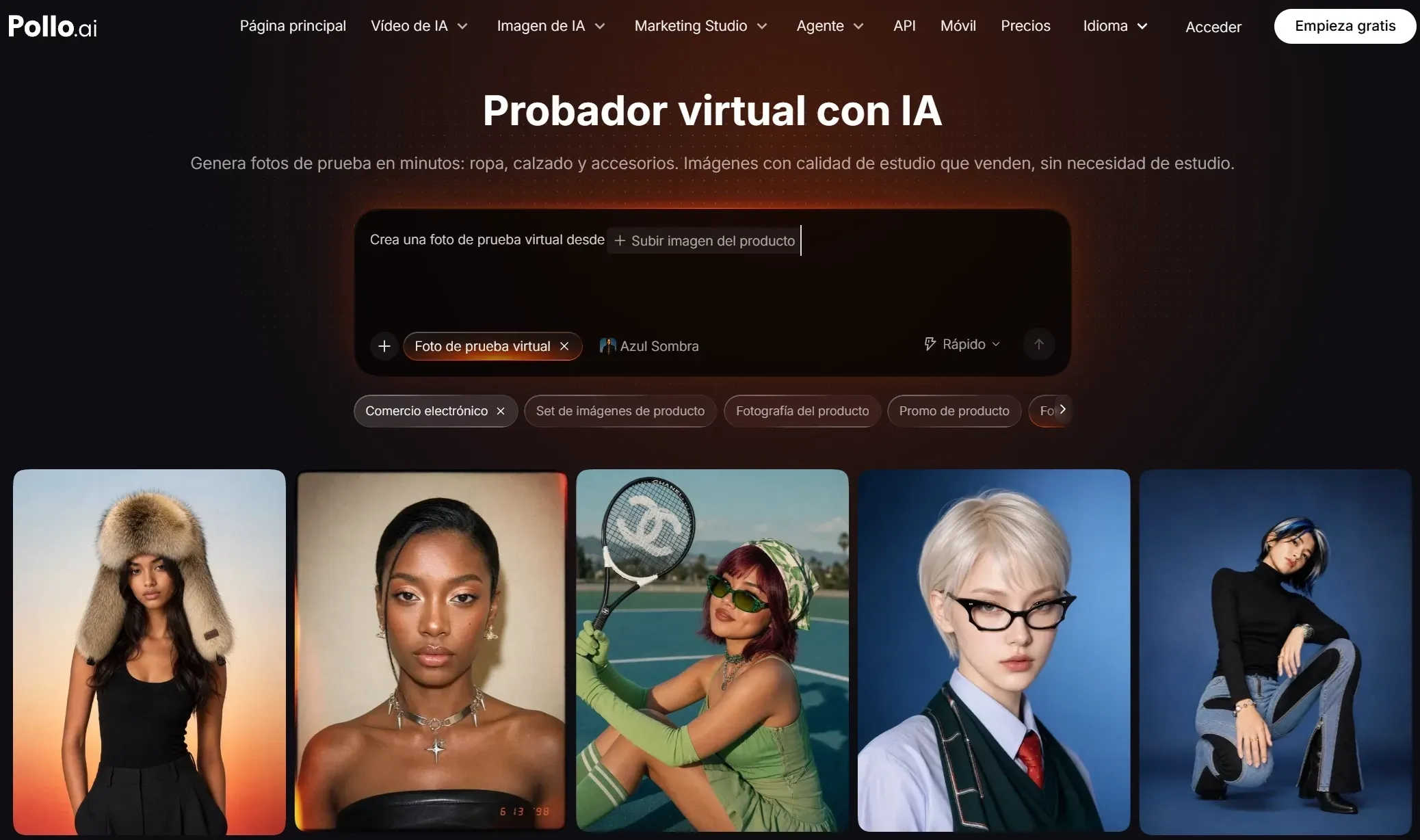 Interfaz de un probador virtual con imágenes de modelos y opciones de ropa.