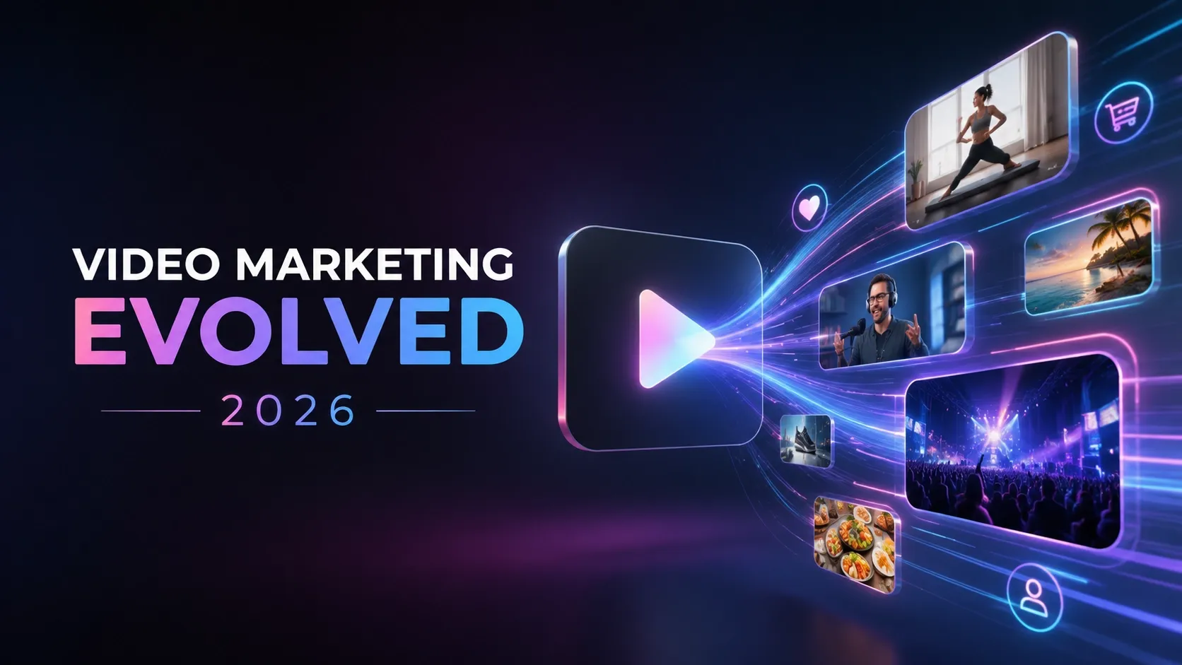 Promotional graphic for video marketing trends in 2026 with various media elements.