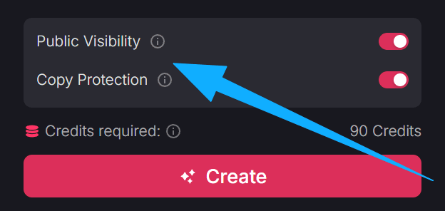 Interfaz de generación de vídeo con la configuración de visibilidad y el botón de crear.