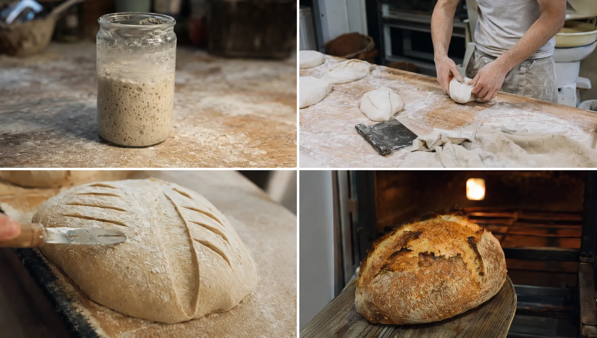Quatre étapes de fabrication du pain artisanal, du levain au façonnage, puis à la sortie du four