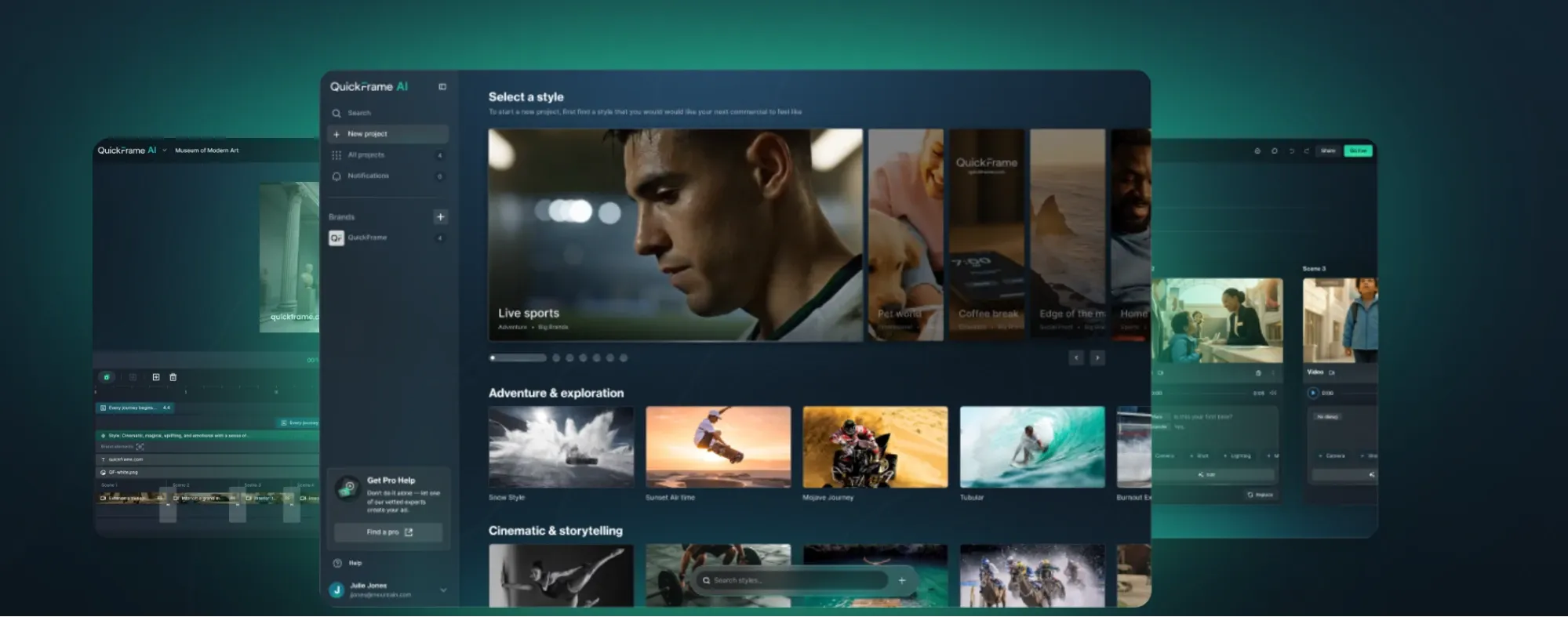 QuickFrame AI video editor interface displaying style selection templates including live sports, adventure, and cinematic storytelling video styles