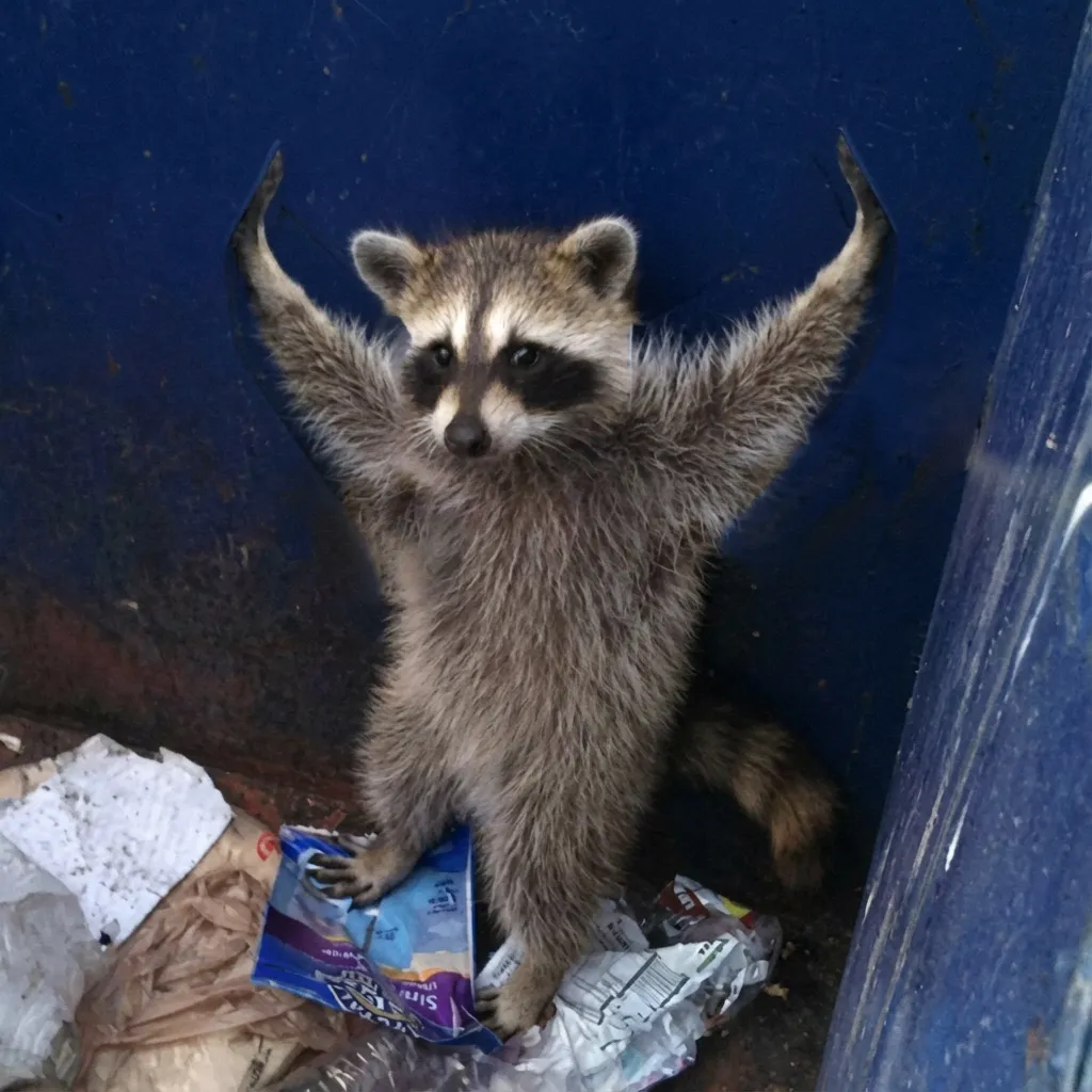A raccoon stands in a dumpster with its arms raised, surrounded by trash.