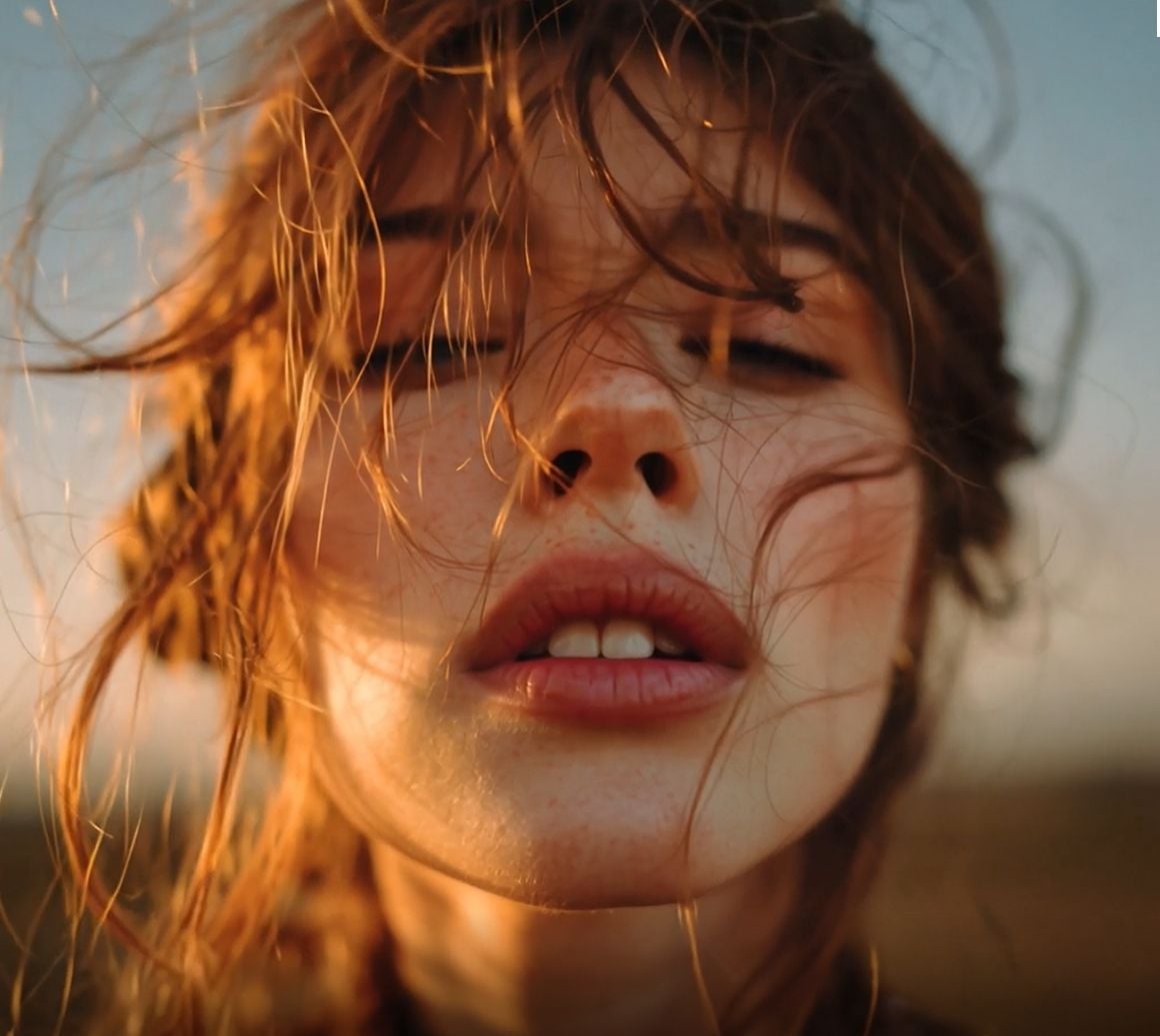 Un primo piano di una donna dai capelli rossi, mossi dal vento, il cui viso è immerso nella calda luce dorata del tramonto.
