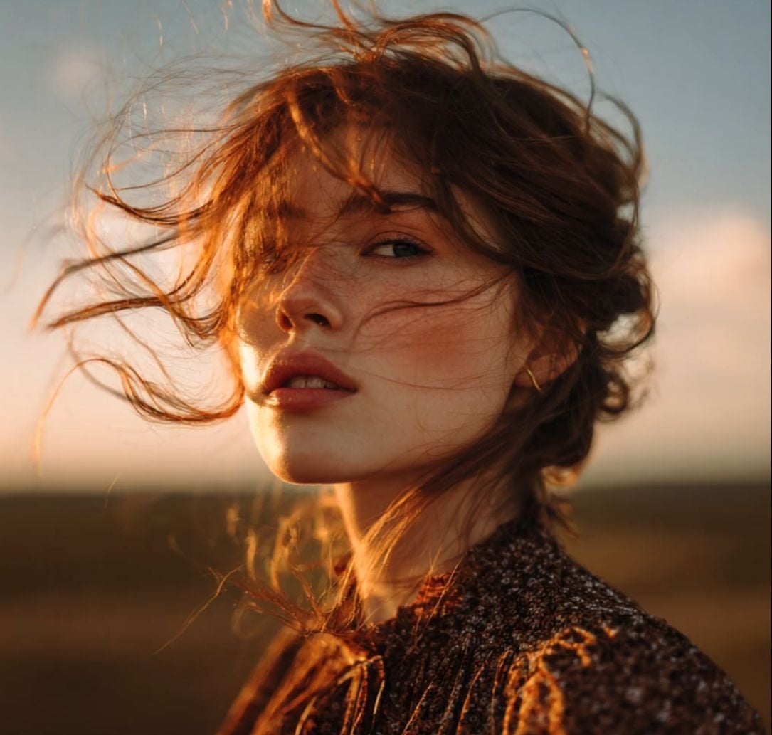 Una giovane donna dai capelli rossi scompigliati dal vento si trova in un campo durante l'ora d'oro, il viso illuminato dalla calda luce del tramonto.