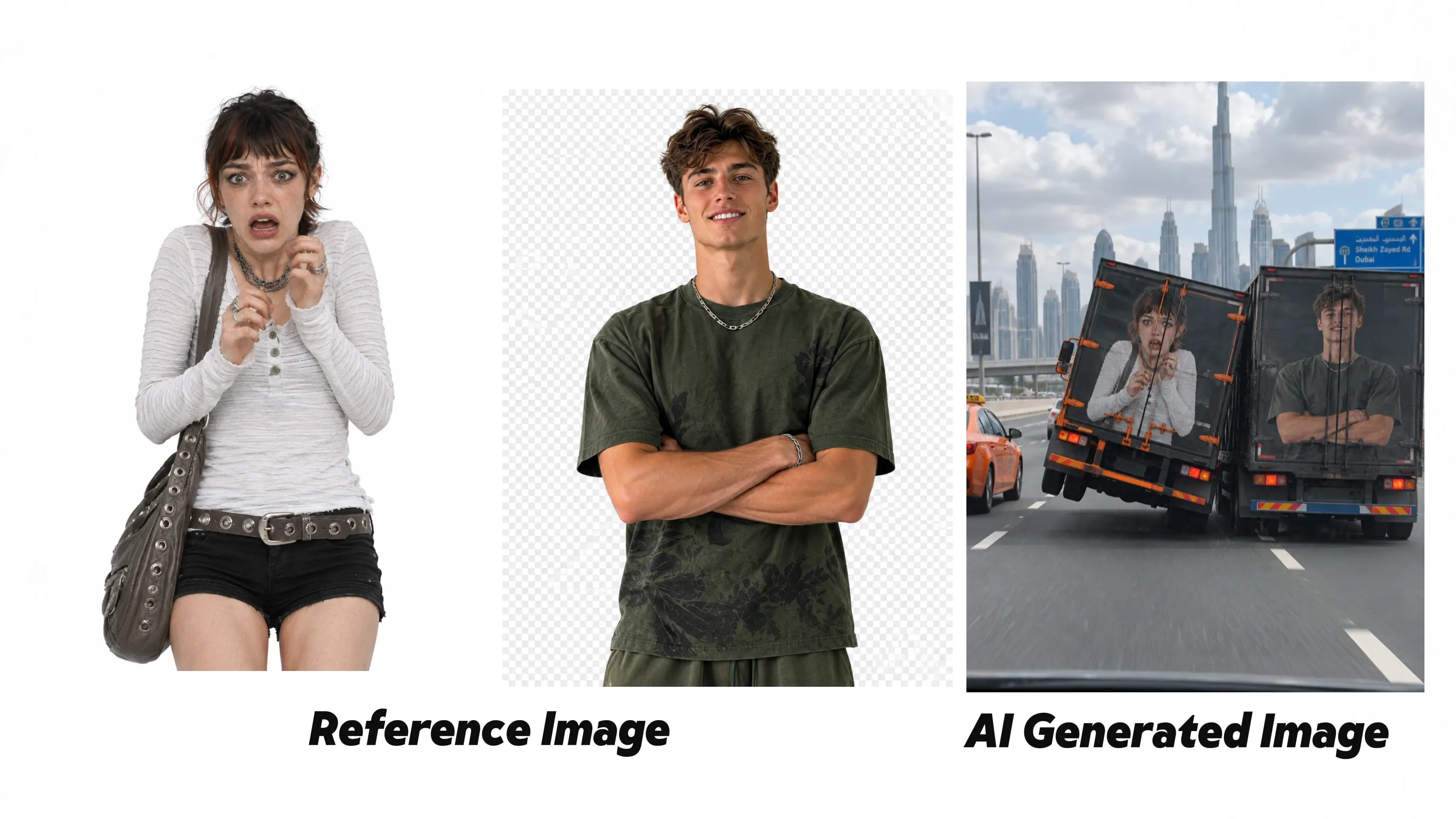 A scared girl and a confident boy on truck sides in a cityscape.