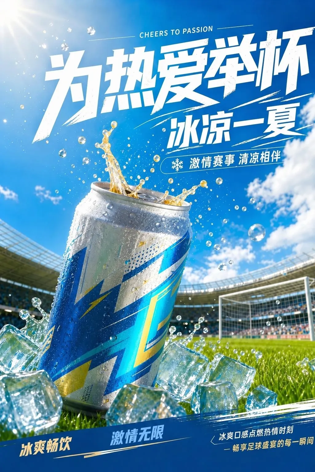 Eine Dose Limonade spritzt in Eiswasser vor der Kulisse eines Stadions.