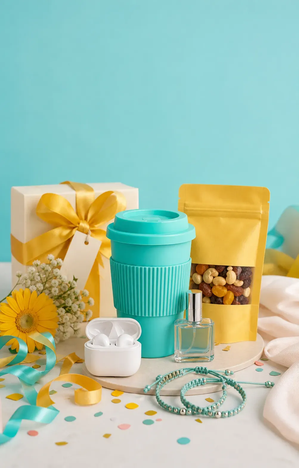 Una taza azul, auriculares, perfume y un regalo decorado sobre una mesa.
