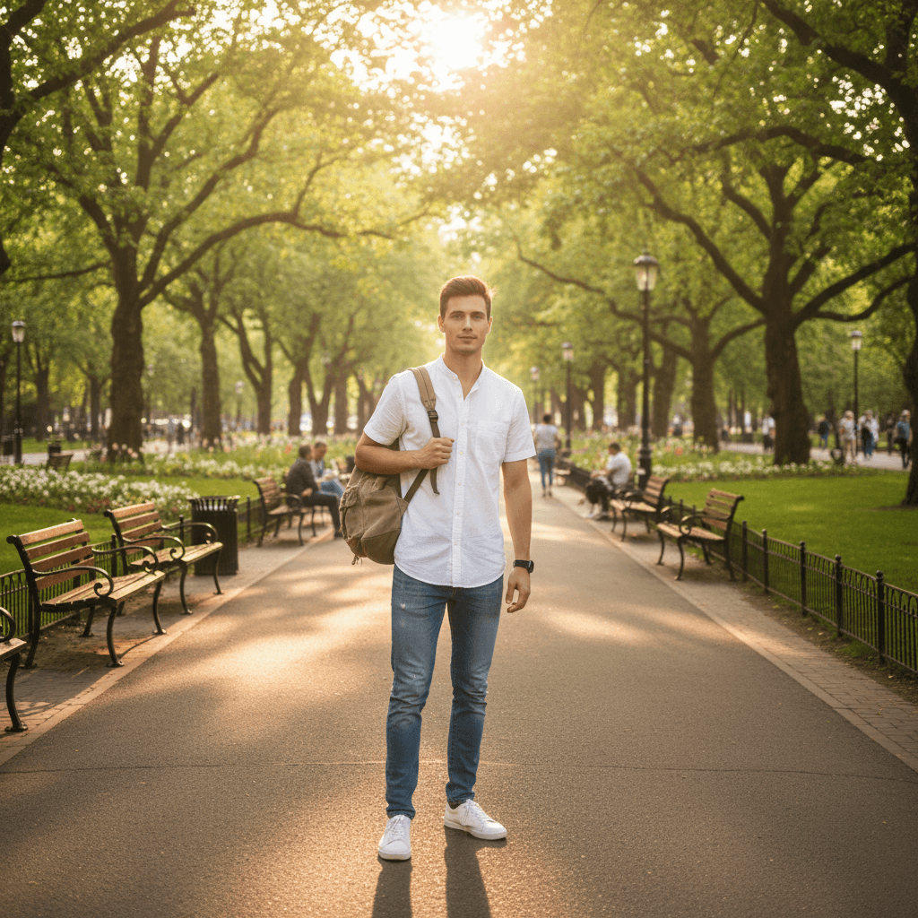 Sunny park walk, casual style