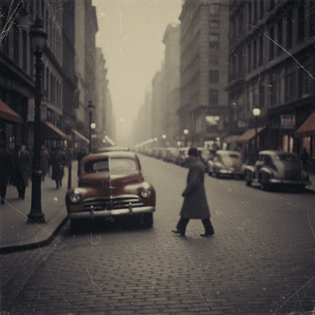 Foggy old street, red car, lone walker