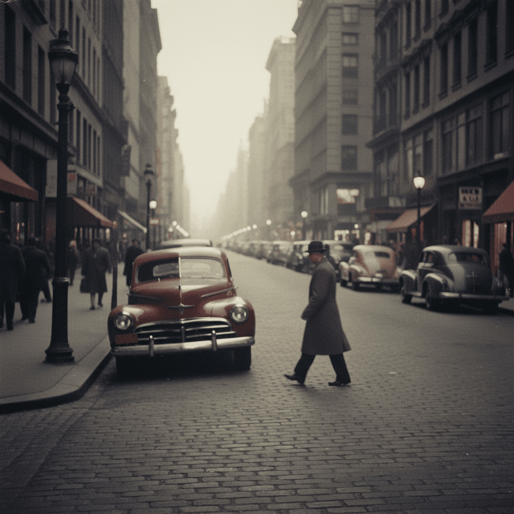 Foggy vintage street, red car, crossing stranger