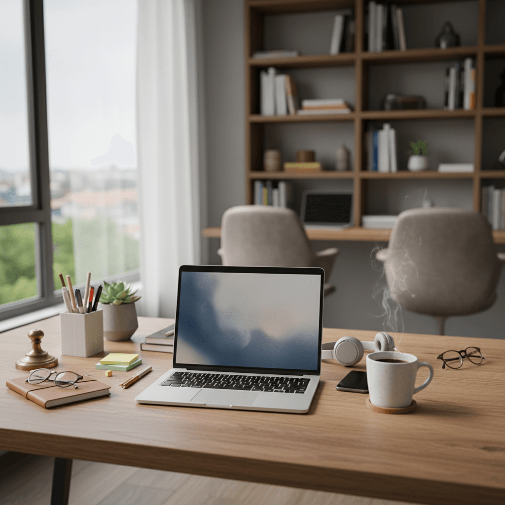 Sunlit home office, warm coffee, ready to work