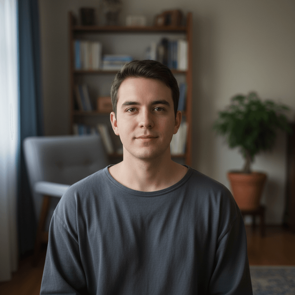Indoor portrait, gentle smile, thoughtful atmosphere