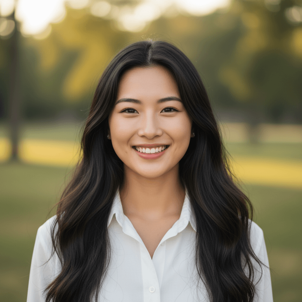 Golden hour glow, warm smile, peaceful park backdrop.